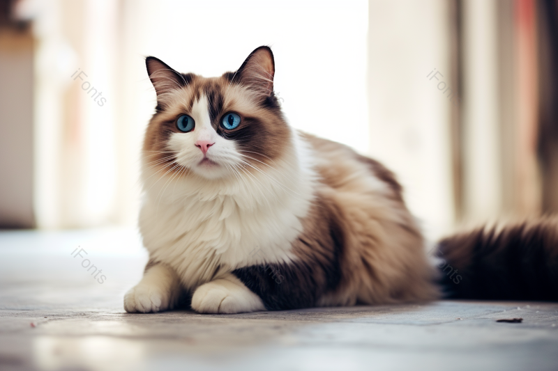 慵懒趴在地上的蓝色眼睛奶咖色长毛布偶猫,高清,摄影图,摄影图片,图片大全,摄影图免费下载